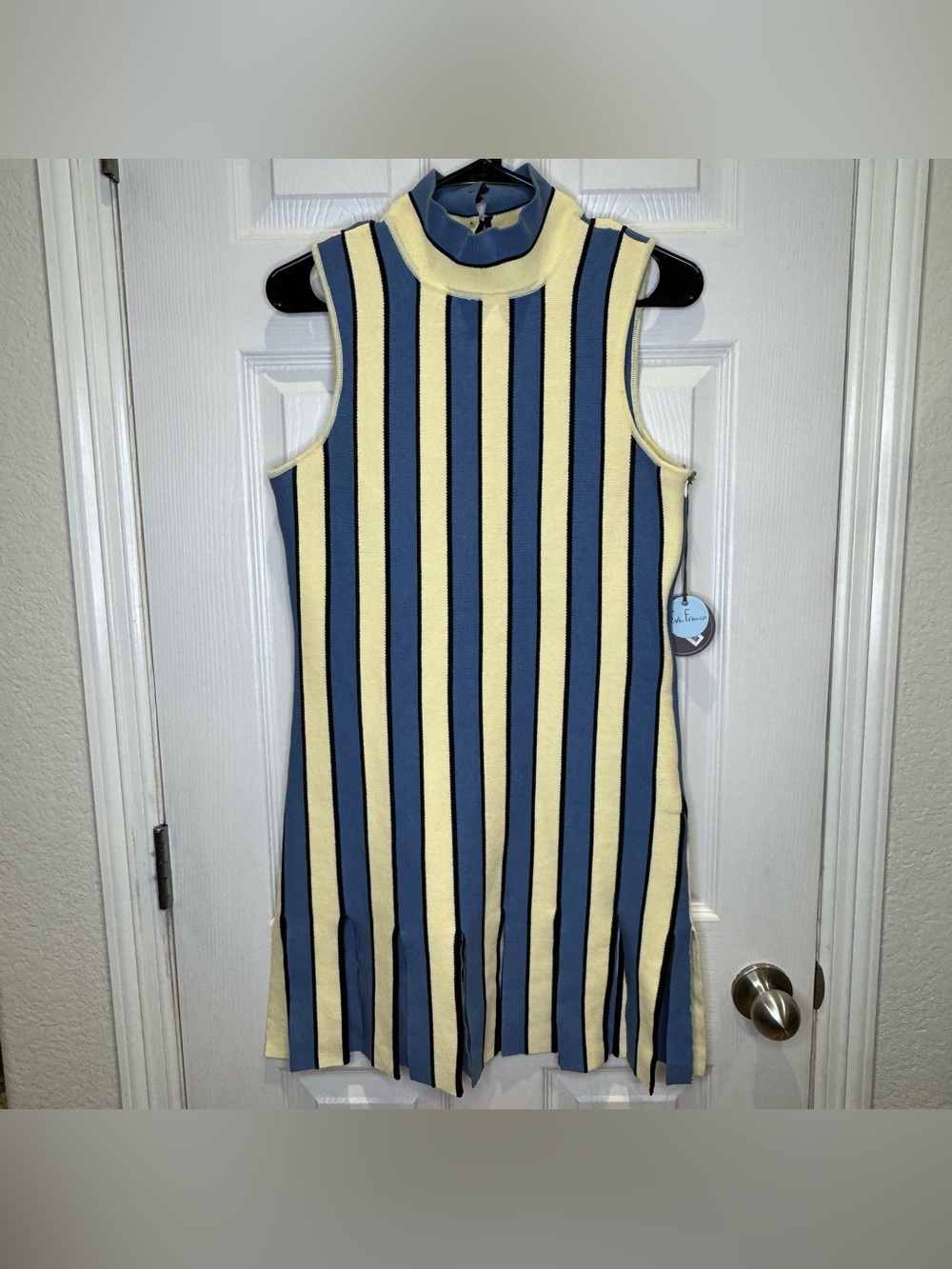 Anthropologie Eva Franco Mock-Neck Mini Cream Blue Stripe Dress Women's Medium